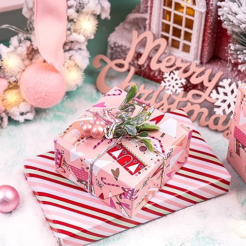 WRAPAHOLIC Reversible Christmas Wrapping Paper - Mini Roll - 17 Inch x 33 Feet - House with Christmas Tree and Candy Cane Wrapping Paper for Holiday, Party Celebration