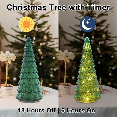 PHITRIC Christmas Decorations Indoor, 3 pcs Sparkling Glass Christmas Tree with LED Lights and Timer, Tabletop Christmas Tree Decor, Xmas Tree Decorations for Living Room, Fireplace, Table, Home