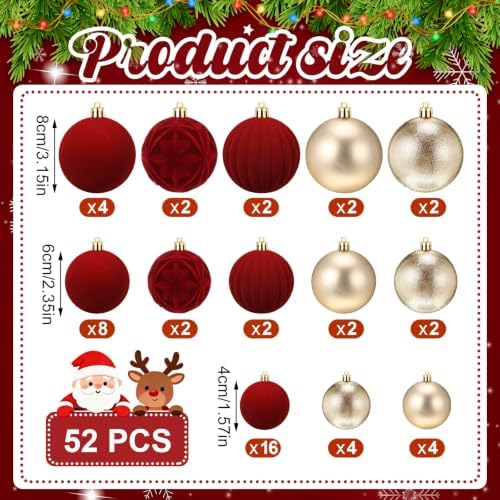 Civaner 52 Pcs Velvet Christmas Ball Ornaments Flocked Christmas Tree Hanging Ornaments 3 Assorted Size Shatterproof Xmas Ball Decorations Set for Xmas Holiday Winter Party Decor(Multicolor)