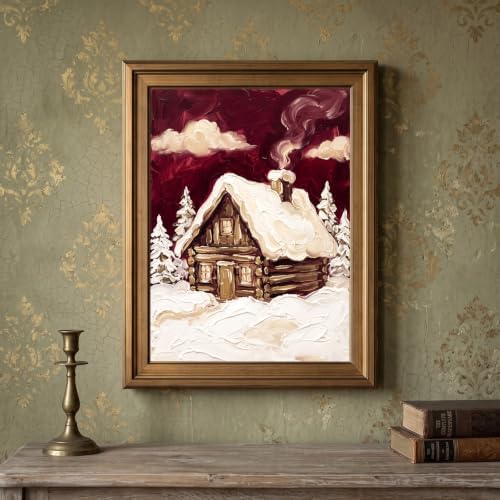 Framed Canvas Wall Art Expressive Winter Cozy Cabin Deep Red and Creamy White Impasto Canvas Print Poster Gold Frame Wall Decor for Living Room Rustic Art, Snowy Scene - Inch 16x20