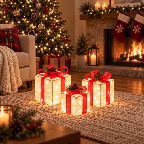 Set of 3 Lighted Boxes, White Lace Indoor Holiday Decor