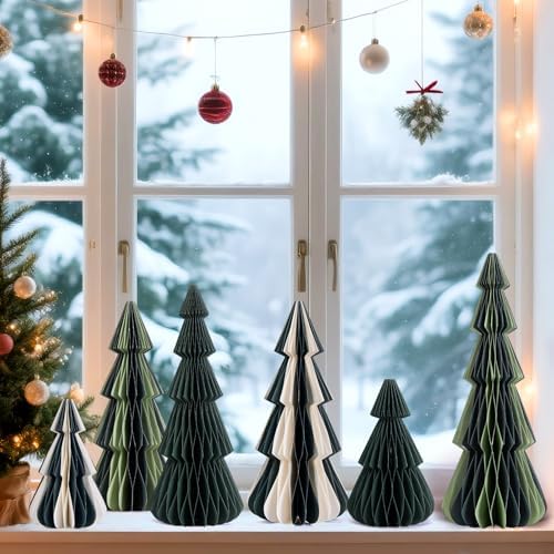 SUNBEAUTY 6PCS Honeycomb Christmas Trees Vintage Paper Christmas Tree Decor 3D Honeycomb Trees Table Centerpiece for Xmas New Year Holiday Party Home Decor (Green, White)