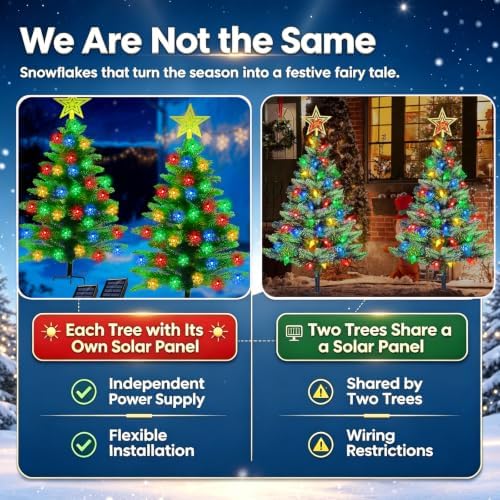 2 Pack 3.6Ft Solar Christmas Tree with 100 Snowflake Lights, Waterproof Christmas Decorations Outdoor, Solar Christmas Lights Outdoor Xmas Tree for Yard, Pathway, Porch, Cemetery, Holiday Decor