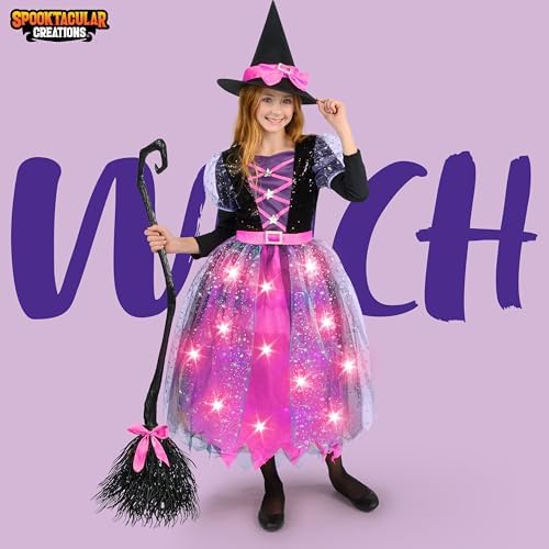 Spooktacular Creations Witch Costume Girls, Light Up Halloween Costumes Witch Dress with Hat and Broom for Girls, Sweet Wizard Set for Girls Scary Halloween Themed Parties, Pink, S