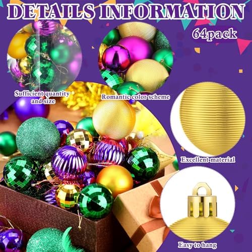 Lunmon 64 Pcs Mardi Gras Christmas Ornaments Purple Yellow Green Xmas Bulbs