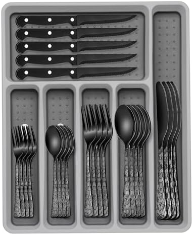 49-Piece Black Silverware Set with Organizer, Food-Grade Stainless Steel Black Flatware for 8, Cutlery Utensil Sets with Steak Knives, Rust-proof, Mirror Polished, Dishwasher Safe, Tree Pattern