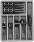 49-Piece Black Silverware Set with Organizer, Food-Grade Stainless Steel Black Flatware for 8, Cutlery Utensil Sets with Steak Knives, Rust-proof, Mirror Polished, Dishwasher Safe, Tree Pattern
