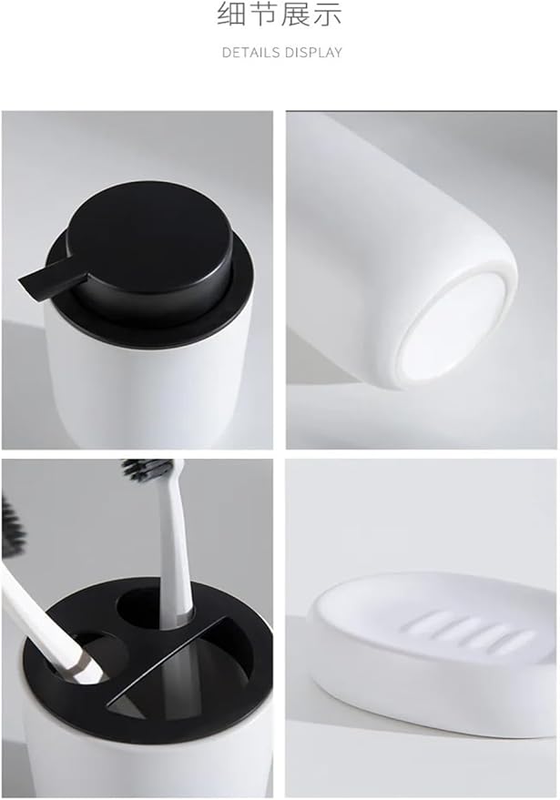 4pcs Modern Ceramic Bathroom Set Bath Lotion Bottle Press Hand Sanitizer Mouthwash Cup Toothbrush Holder Soap Dish(White)