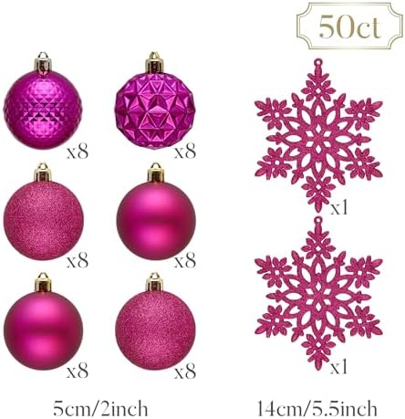 Valery Madelyn Christmas Tree Decorations Ornament Set, 50ct 2 Inches Rose Red Shatterproof Christmas Ball Ornaments Hanging Xmas Holiday Party Decor