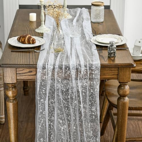 Artoid Mode 2-Pack White Silver Gauze Table Runner 10FT, Glitter Metallic Foil Sheer Dining Holiday Wedding Anniversary Birthday Table Decor for Home Party