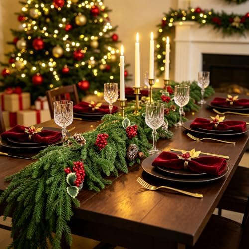 9FT Artificial Norfolk Pine Garland, Real Touch Greenery Garland for Mantel Fireplace Staircase Table Door Wall Window Indoor Outdoor Christmas Decorations