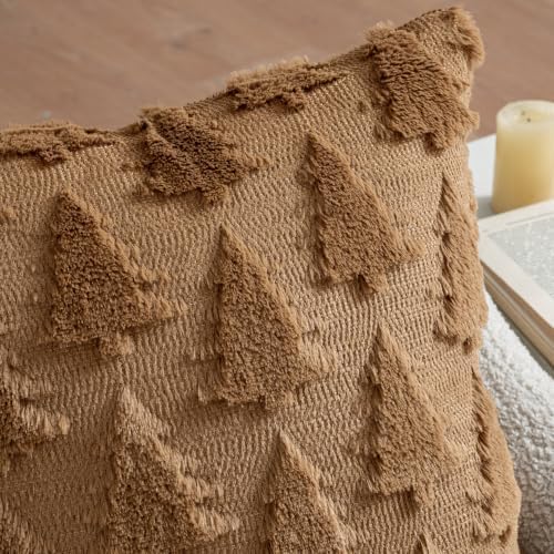 MIULEE Christmas Throw Pillow Covers Brown Christmas Decorations Set of 2 Xmas Tree 18x18 Pillow Covers Soft Plush Faux Wool Pillowcases Holiday Festivals Winter Home Decor Sofa Couch Bed Porch