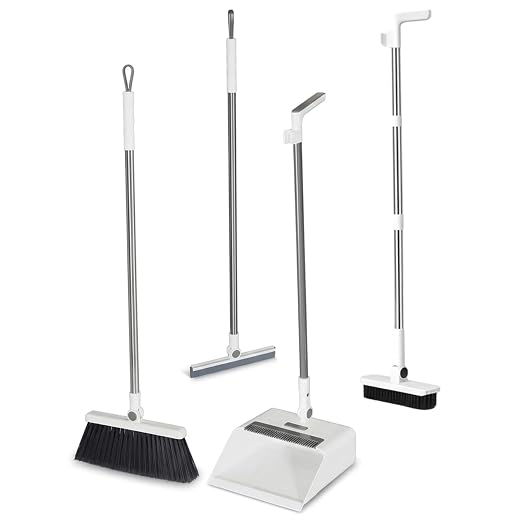 Broom and Dust Pan, Broom and Dustpan Set with Push Brooms, Self-Cleaning Comb & Space-Saving Design for Indoor Outdoor Cleaning (White)