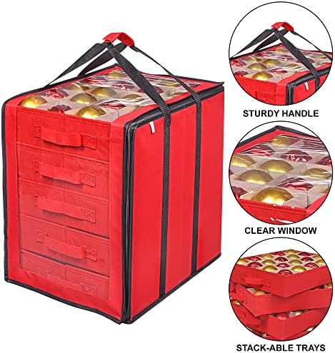 ProPik Christmas Ornament Storage Boxes with Dividers - 5 Separate Trays - Ornament Holder - Keeps 100 Holiday Ornaments - Durable Carrying Bag Handles Organizer Storage Box (Red)