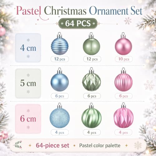 Lunmon 64 Pcs Pastel Christmas Ball Ornament Set Pink Green Blue Baubles