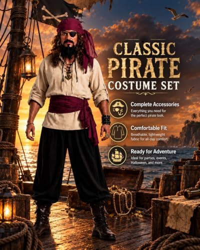 10PCS Pirate Costume for Men, Renaissance Medieval Viking Outfit for Halloween Cosplay with Shirt Pants Jewelry