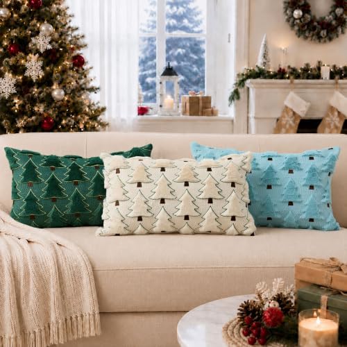 Allorry Christmas Pillow Covers 12x20 inch Set of 2 Christmas Decorations Soft Plush Faux Fur Wool Green Christmas Tree Throw Pillow Cases Winter Holiday Decor for Sofa Living Room PT-012A12