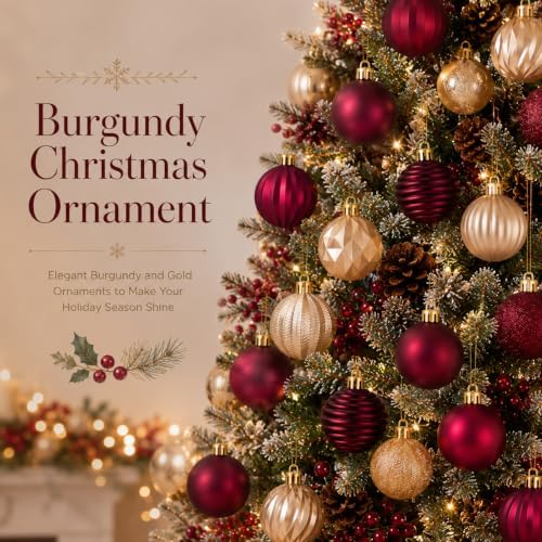 Lunmon 64 Pcs Burgundy and Gold Christmas Ball Ornament 1.57/1.97/2.36 Inch