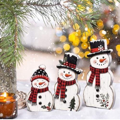 Barydat 3 Pcs Christmas Snowman Table Decoration Winter Snowman Wood Sign