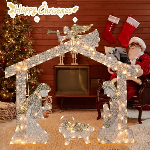 4.8 FT Lighted Christmas Nativity Scene, Pre‑Lit Outdoor Yard Decor