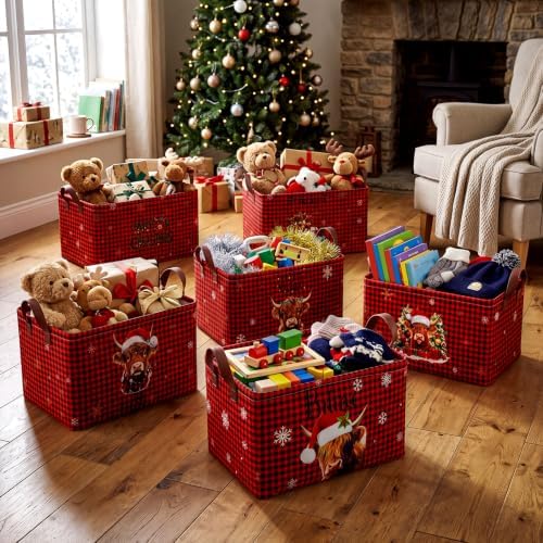 CHENGU 6 Pack Christmas Storage Basket Collapsible Christmas Basket for Gifts Highland Cow Holiday Decor Large Red Truck Bin Foldable Xmas Tree Box with Handle for Bedroom Office Home