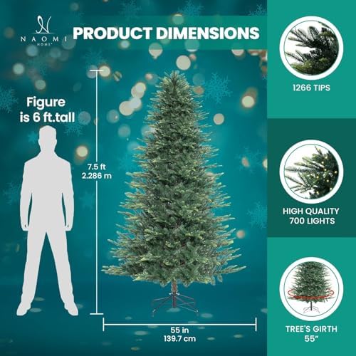 Naomi Home 7.5 ft Nordic Pre-Lit Christmas Tree, 700 Warm Lights