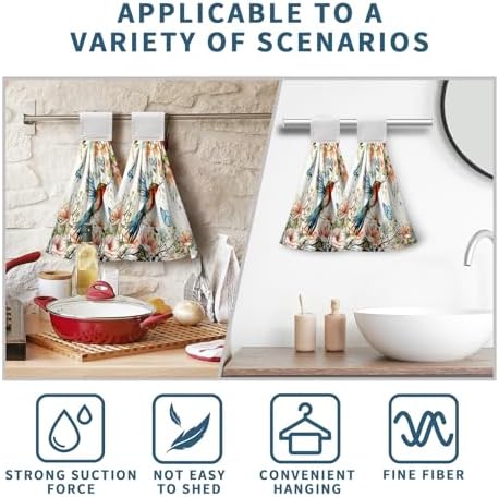 Floral Birds Hand Towels with Hanging Loops Garden Watercolor Floral Hummingbird Butterfly Hanging Kitchen Towels Set of 2 Spring Summer Soft Absorbent Bath Tie Towel Oven Stove Dish Washcloths