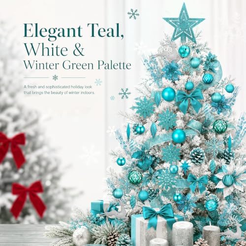 CroBlissful 118 Pcs Teal Blue Christmas Tree Decoration Set Including Ornaments Ball, Mesh Ribbon, Snowflakes Icicle, Tree Top Star, Deer, Flower, Berries Stem Teal Christmas Decoration for Xmas Trees