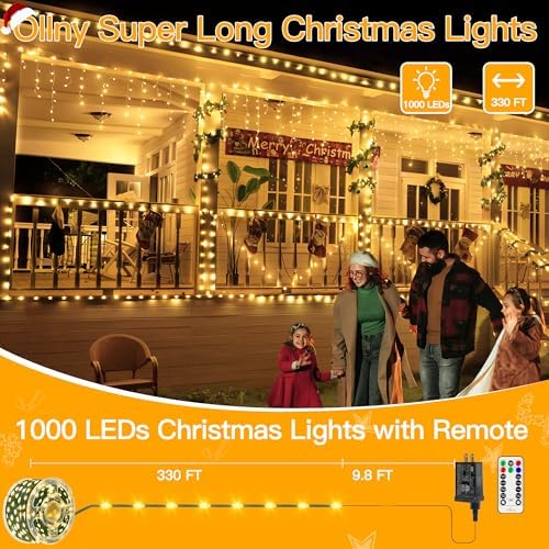 Ollny Christmas Lights 1000 LED 330 FT, IP67 Waterproof Plug in Christmas Tree Lights with Remote, 8 Modes, 3 Timers, Dimmable, House Xmas Indoor Decorations String Light (Warm White) (Pack of 2)