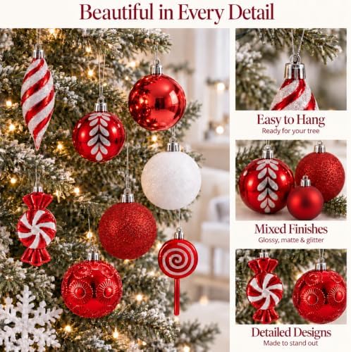 130 Pcs Red & White Christmas Ball Ornaments, Shatterproof | Assorted Christmas Tree Decorations with Matte, Glitter and Shiny Finishes, Hanging Loops for Wreaths and Garlands
