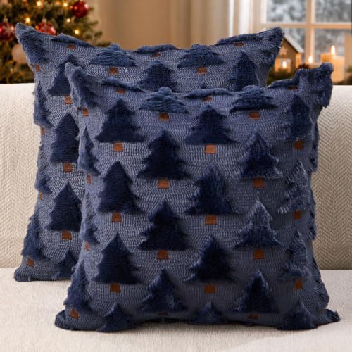 Allorry Christmas Pillow Covers 18x18 inch Set of 2 Navy Blue Christmas Decorations Soft Plush Faux Fur Wool Christmas Tree Throw Pillow Cases Winter Holiday Decor for Sofa Living Room PT002H18