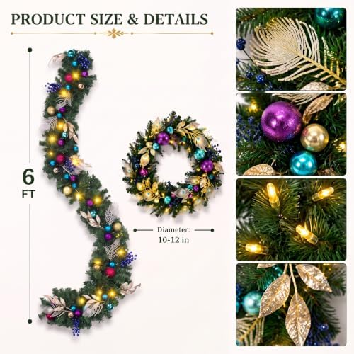 Riceshoot 6ft Peacock Christmas Garland LED Lights Purple Blue Gold Mantle