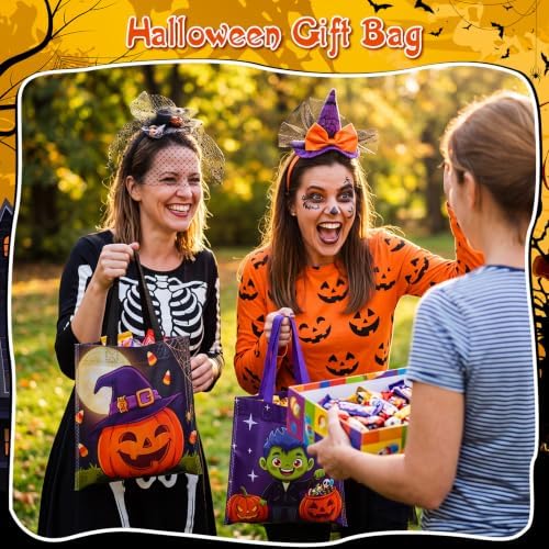 Sweetude 120 Pcs Halloween Tote Bags Bulk Trick Treat Bag with Handles Reusable Non Woven Halloween Treats Party Gift Favors Bags for Kids