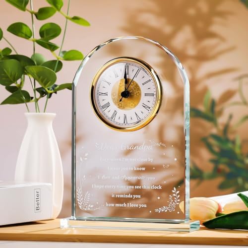 YWHL Glass Colck Gifts for Grandpa, Best Father's Day Grandpa Gifts, Great Grandfather Birthday Gifts, Glass Clock Keepsake for Grandpa on Christmas (Battery not Included)