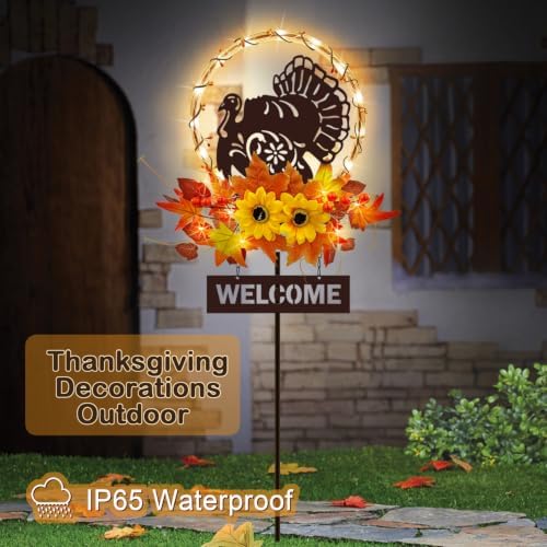 Thanksgiving Turkey with Welcome Sign,Solar Lights Outdoor Fall Decorations