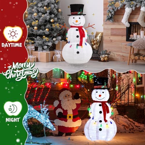 VINGLI 4FT Pop up Snowman Christmas Decorations, Outdoor Snowman Lighted with Tall Hat, Cute Branch Hands for Xmas, Snowman Ornaments with Pre-lit Lights Decor for Indoor Yard Lawn Porch, Plug in