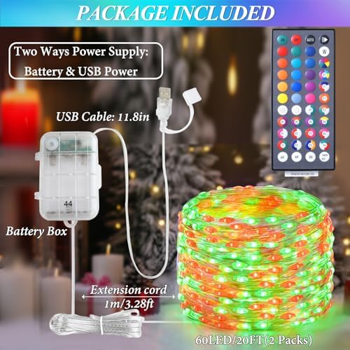 Lovelite Fairy Lights 34 Colors Changing, 2 Pack Total 40FT 120LED Halloween String Lights Battery USB Operated, Waterproof Twinkle Lights with Remote for Holiday Wedding Party Indoor Outdoor