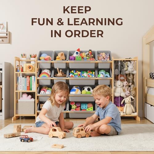 Toy Storage Organizer with Bookshelf and Stuffed Animal Storage - Kids Playroom Organization with 3 Shelves and 16 Toy Bins - Toddler Living Room Toy Box for Lego - Nursery Bedroom Decor Essential