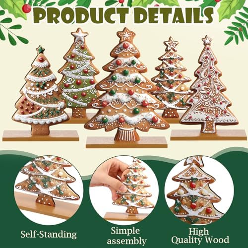 RattanView 5 Pcs Gingerbread Christmas Table Decorations Wooden Gingerbread Tree Decor Christmas Centerpiece Ginger Bread Village Decoration Winter Tiered Tray Decor with Base for Xmas Home Kitchen