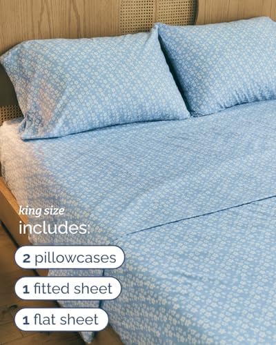 King 4 Piece Floral Sheet Set - Soft, Breathable & Cooling - Blue Meadow