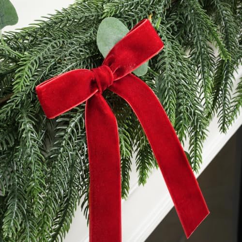 Christmas Decorations, 6FT Norfolk Pine Garland with Red Velvet Ribbon Bows