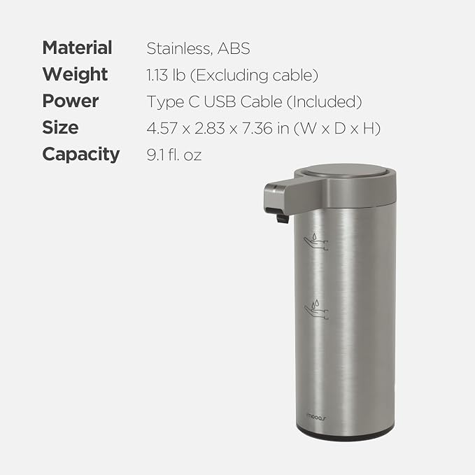 mooas Automatic Liquid Soap Dispenser Stainless Steel, Rechargeable | 2-Level Adjustable, IPX5 Waterproof, USB-C Charging, 17oz Capacity, Liquid Soap, Automatic Cleaning, Kitchen, Bathroom