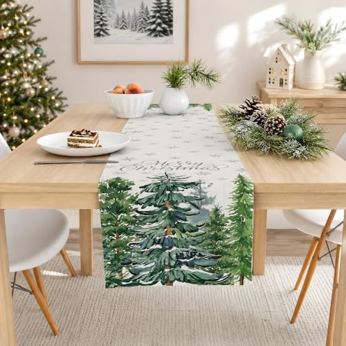 Christmas Decorations - Pine Tree Snowflake Merry Christmas Table Runner