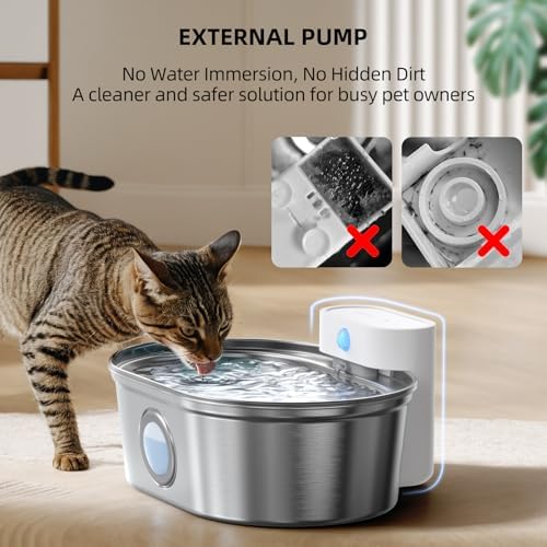 uahpet Wireless Cat Water Fountain Stainless Steel Pro, External Pump Battery Operated Pet Waterer, Dog Drinking Dispenser with Water Level Window, 67oz/2L