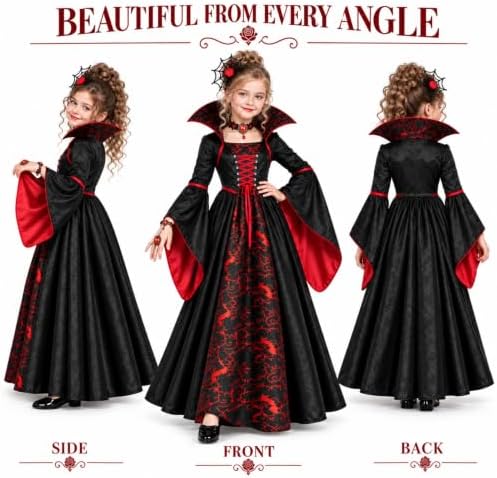 Girls Vampire Costume, Vampiress Dress with Headpiece, Necklace and Bracelet, Halloween Cosplay Outfit for Kids