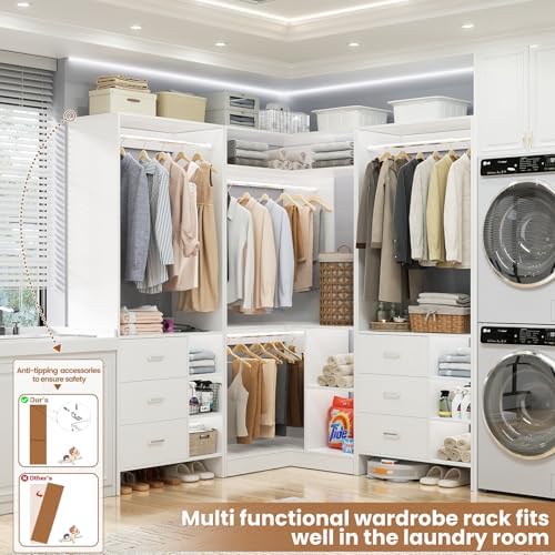 Aheaplus Closet System with 6 Drawers, 4 Hanging Rods & Corner Tower, Corner Closet System with Hanging, 92.6" L-Shaped Walk-In Wardrobe Organizer, 2000+ lbs Capacity, Set of 3, White