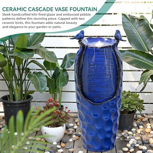 Autodaya 33" Vase Ceramic Outdoor Water Fountain with Lights and Birds