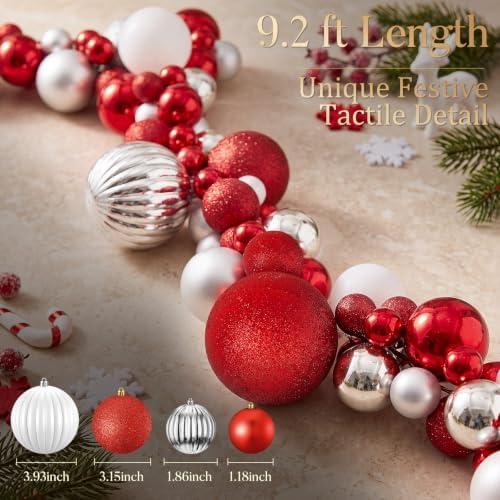 9.2 ft Christmas Ball Garland, Red, White, Silver