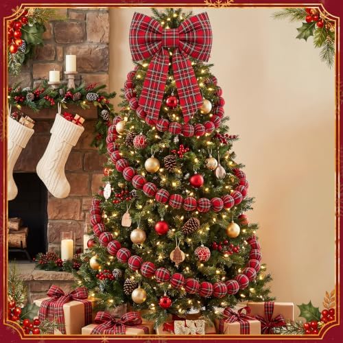 Riceshoot Christmas Tartan Plaid Ball Garland with Bow, Tree Decoration Set