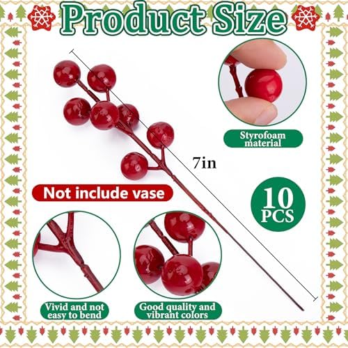 45 Pcs Christmas Norfolk Pine Branches Red Berry Stem Faux Christmas Sprigs